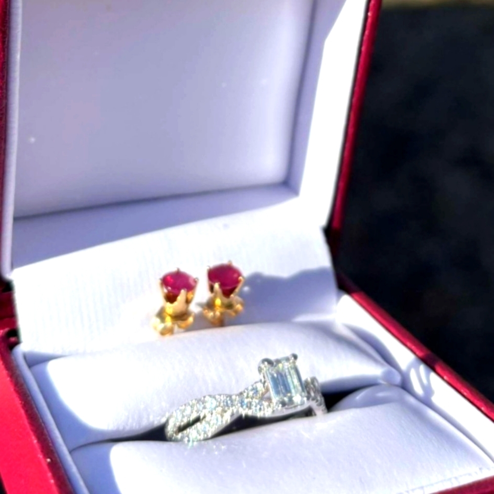 14k White Gold Ring & Pair of Ruby Earrings